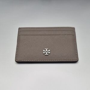 Tory Burch Taupe Leather Slim Card Holder with Silver Logo
